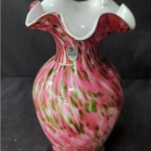 Fenton Art Glass Vase Pink Green Signed Opalescent Lined Handmade USA Ruffle Top